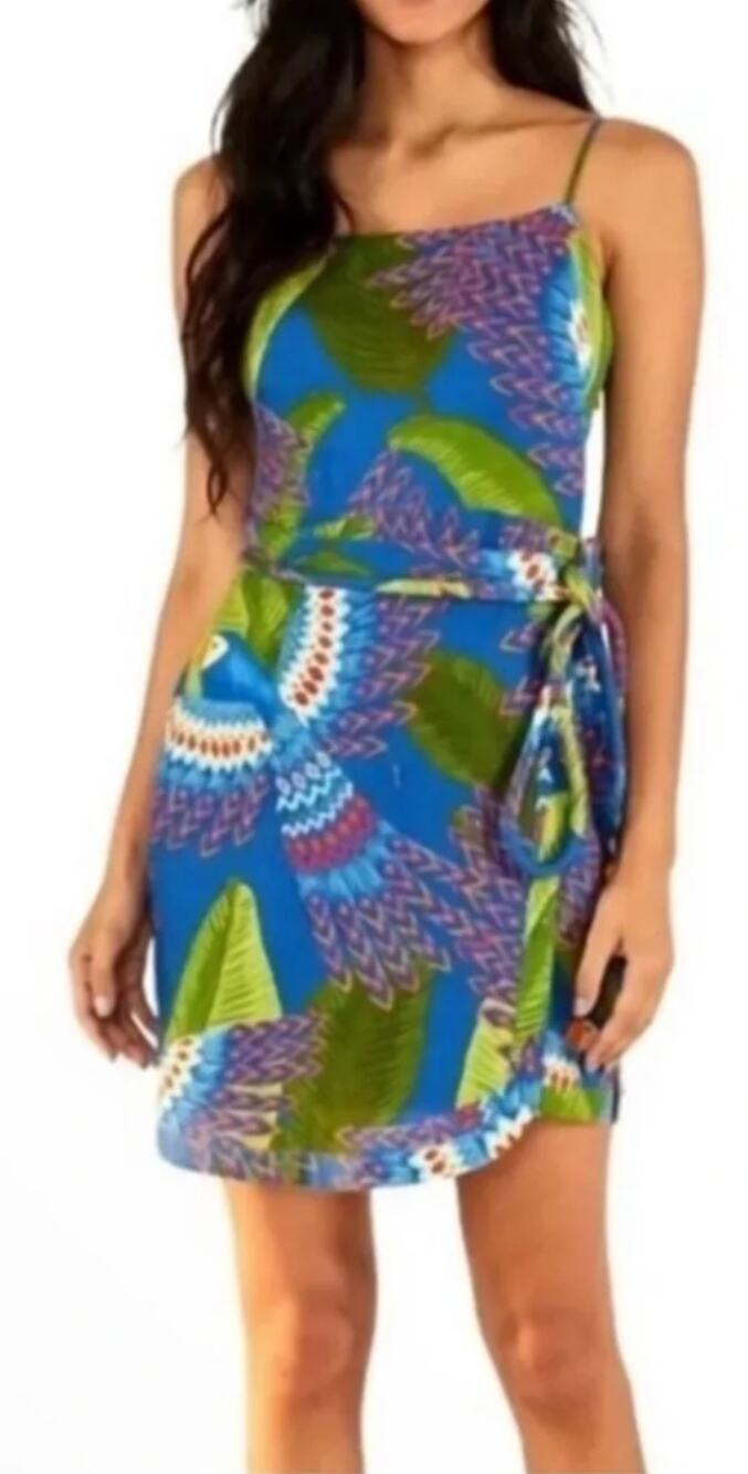 Farm Rio NEW Blue Macaw Linen Mini Dress, Med